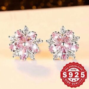 Elegant Pink Cherry Blossom Flower Sterling Silver 925 Earrings